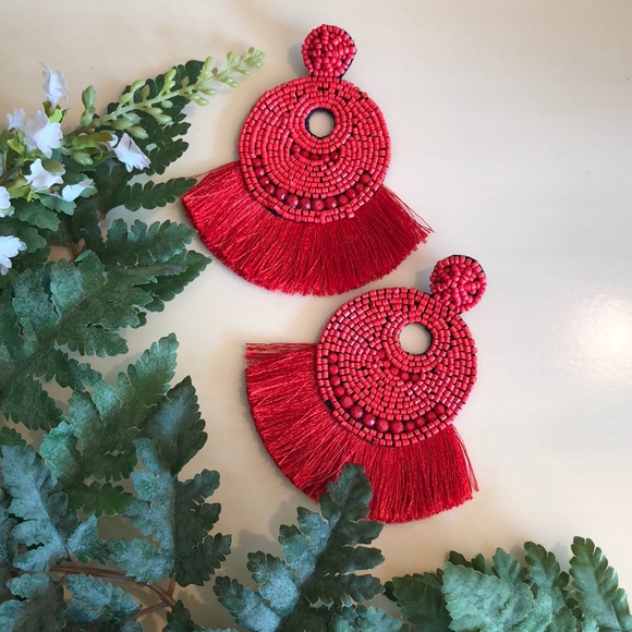 Seed Bead Open Circle Fan Drop-Post Earrings NWOT - Picture 3 of 8